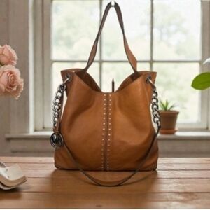 Michael Kors LAMB LEATHER Studded Uptown "Astor" Camel Silver Hardware EUC